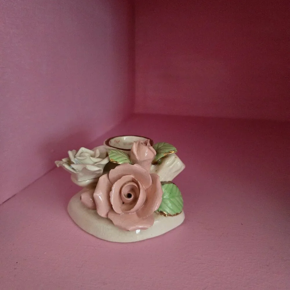 Vintage Porcelain Rose Candlestick Holder Cottagecore Romantic Victorian Style
